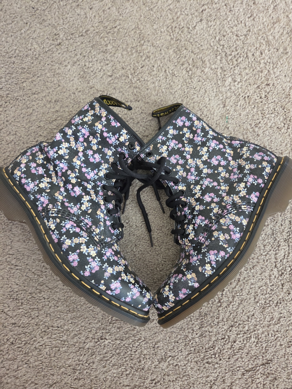 Dr. Martens Rare Lottie Black Floral Lace-Up Piinted Toe Ankle Boots